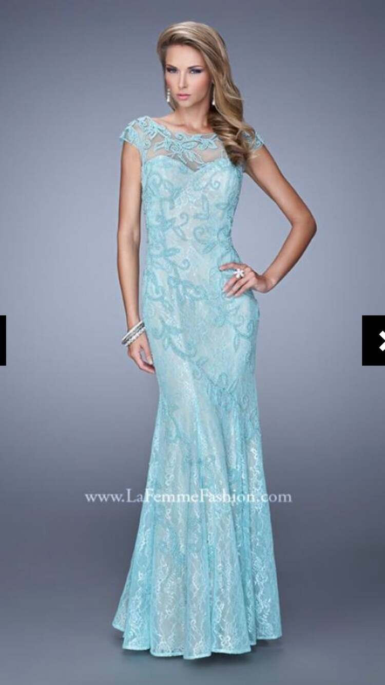 La Femme 20892 Lace Column Prom Dress Aqua